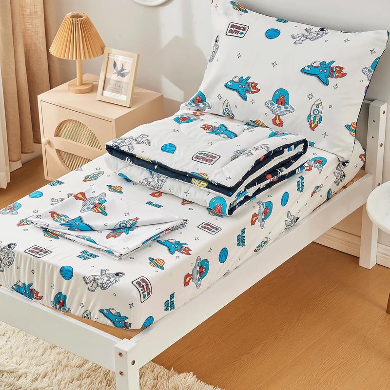 beeweed 2 Sides Design Rocket Toddler Comforter Set, 4 Pieces Space Ship Toddler Bedding Set Boys Girls, Includes Comforter, Fitted Sheet, Flat Sheet & Reversible Pillowcase - Image 4